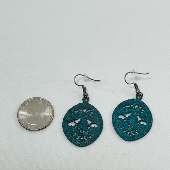 New Retro Earrings Drop Dangle Green Metal Boho Bohemian Round Big Rustic Hippie - Picture 4 of 6